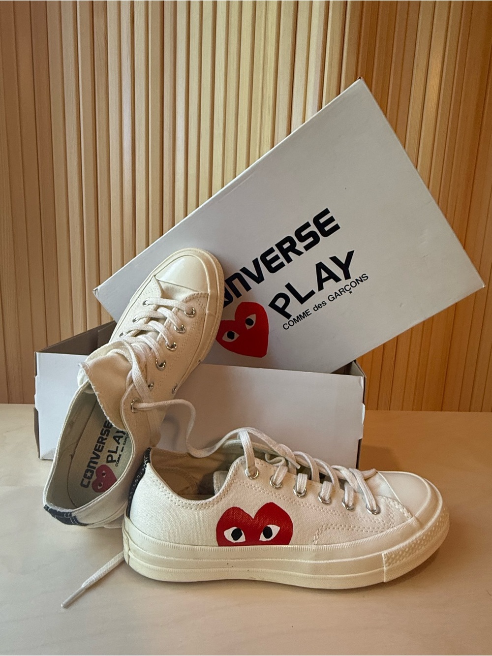 Converse Play Comme des Garçons Off-White Low Top Sneakers with Red Heart